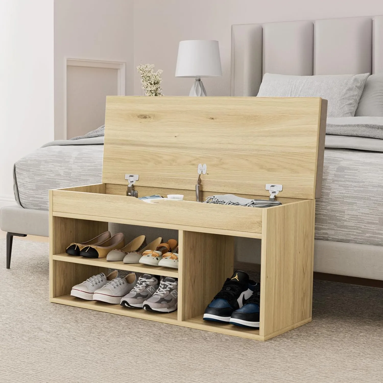 Apicizon 31 Inches Storage Bench, Shoe Bench with Flip Top Storage Space and Padded Cushion, Wooden Entryway Bench for Entryway, Living Room, 2-Tier Shoe Rack Organizer, Natural