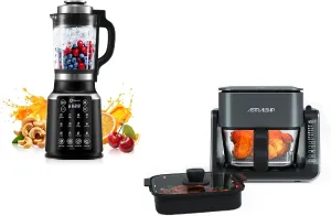 ASH01-B Black Blender   2-in-1 Glass Air Fryer & Griddle Combo for kitchen, 1200W Glass jar blender, 12 Cooking Functions for Small Air Fryer