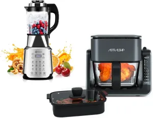 ASH01-S Stainless Steel Blender   2-in-1 Glass Air Fryer & Griddle Combo for kitchen, 1200W Glass jar blender, 12 Cooking Functions for Small Air Fryer
