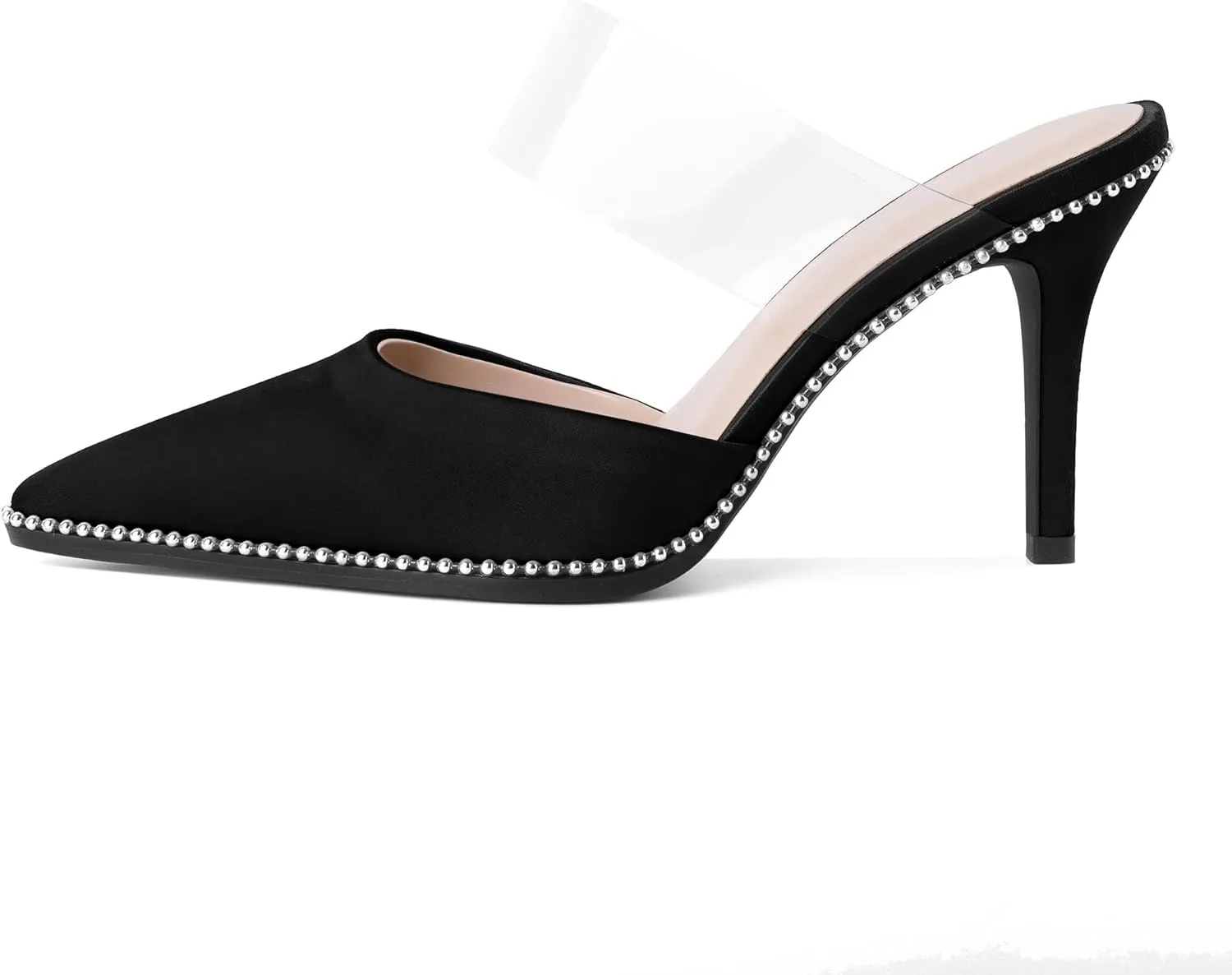 AUMOTED Women Stilettos High Heels Beaded Pumps Closed Pointed Toe Shoes Slip On 3.5 Inch Heeled Mules with PVC Official Business Shoes US Size 5-13