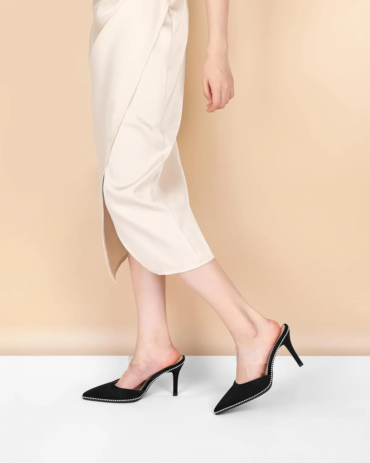 AUMOTED Women Stilettos High Heels Beaded Pumps Closed Pointed Toe Shoes Slip On 3.5 Inch Heeled Mules with PVC Official Business Shoes US Size 5-13