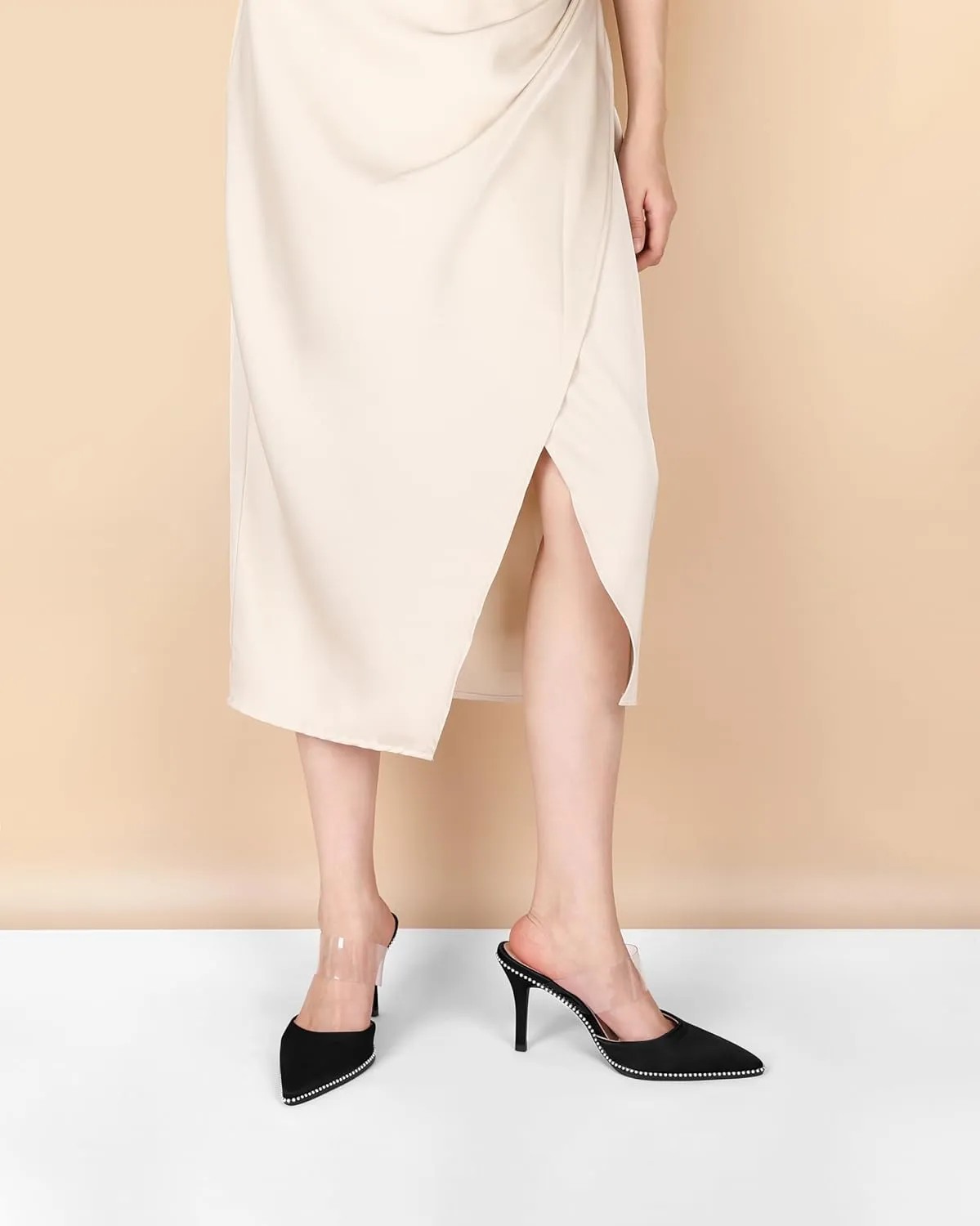 AUMOTED Women Stilettos High Heels Beaded Pumps Closed Pointed Toe Shoes Slip On 3.5 Inch Heeled Mules with PVC Official Business Shoes US Size 5-13