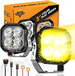 Auxbeam Color Play Series Spot Beam 3" 100W LED Pods, Amber White DRL & Turn Signal, Dual Color Lens Covers, 11600LM Cube Lights Offroad Fog Bumper Ditch Lights, for 4x4 Jeep Ford Polaris Can-am