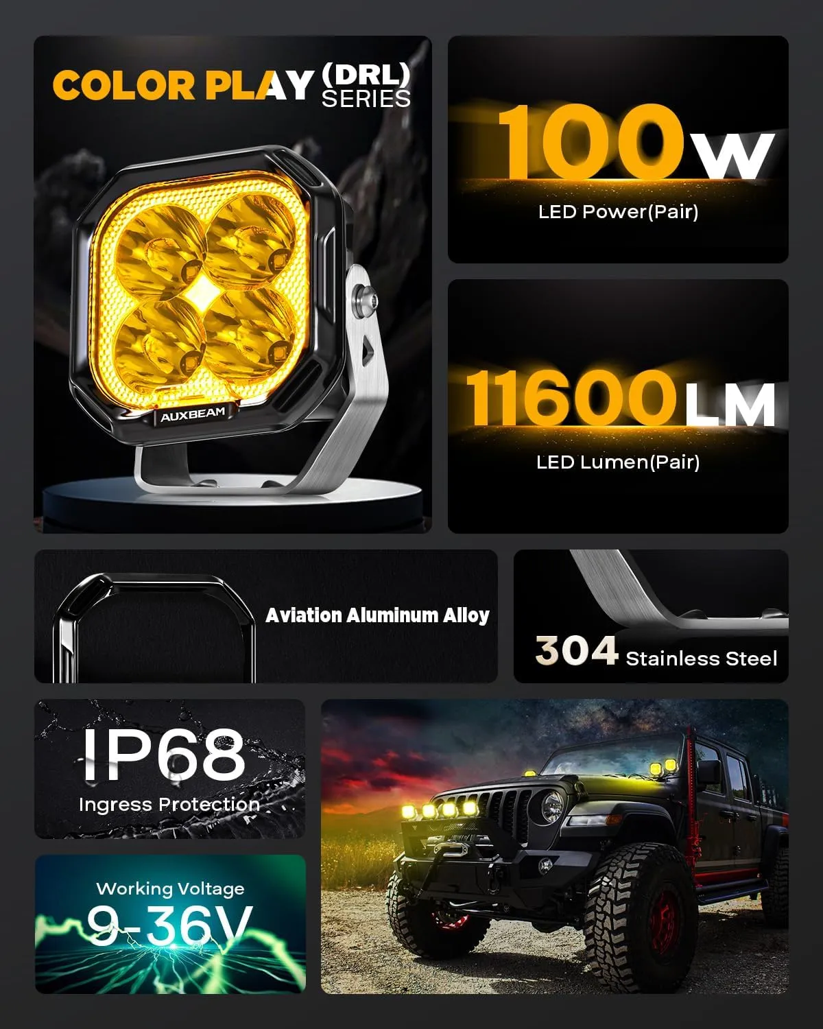 Auxbeam Color Play Series Spot Beam 3" 100W LED Pods, Amber White DRL & Turn Signal, Dual Color Lens Covers, 11600LM Cube Lights Offroad Fog Bumper Ditch Lights, for 4x4 Jeep Ford Polaris Can-am