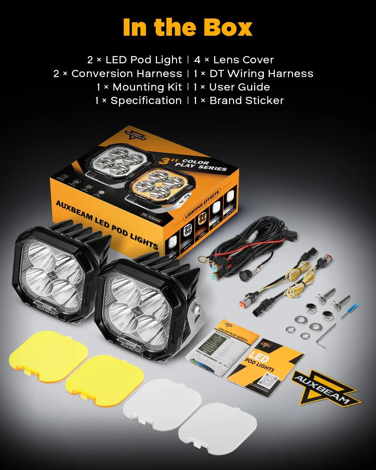 Auxbeam Color Play Series Spot Beam 3" 100W LED Pods, Amber White DRL & Turn Signal, Dual Color Lens Covers, 11600LM Cube Lights Offroad Fog Bumper Ditch Lights, for 4x4 Jeep Ford Polaris Can-am
