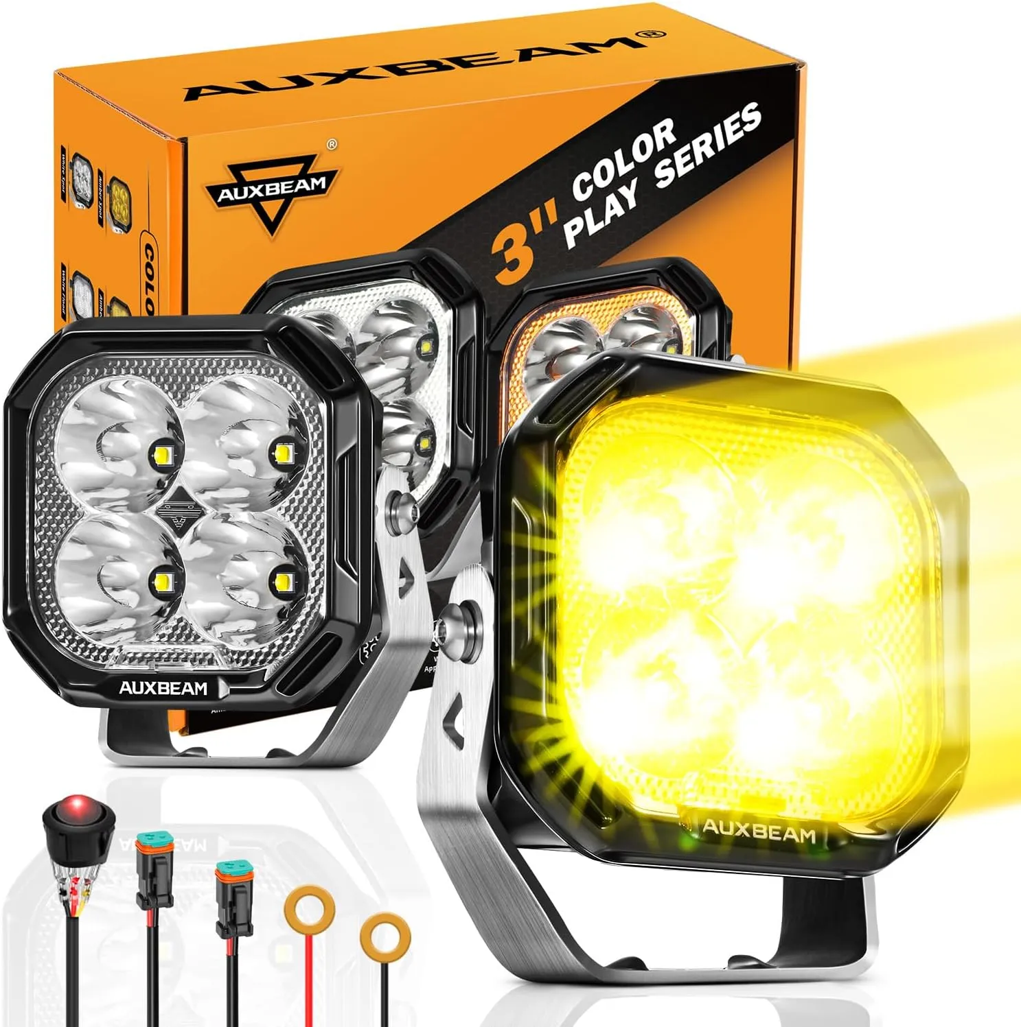 Auxbeam Color Play Series Spot Beam 3" 100W LED Pods, Amber White DRL & Turn Signal, Dual Color Lens Covers, 11600LM Cube Lights Offroad Fog Bumper Ditch Lights, for 4x4 Jeep Ford Polaris Can-am