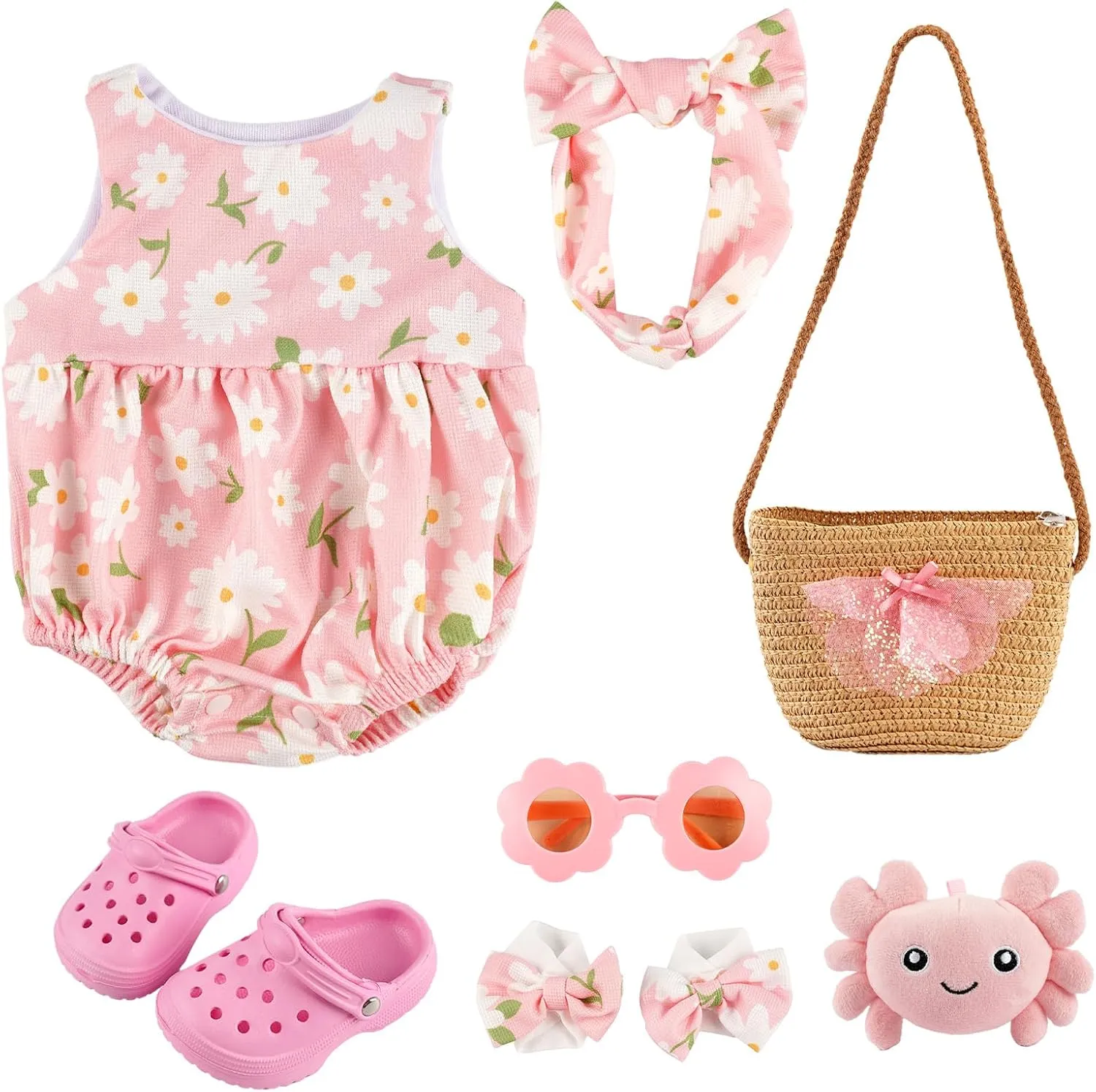 BABESIDE 7 Pcs Reborn Baby Doll Clothes for 17-20 Inch Dolls, Summer Floral Babydoll Clothes with Bag Headband and Doll Shoes for Realistic Baby Dolls Accessories, Pink