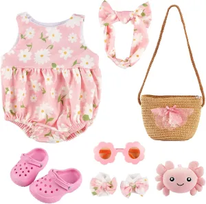 BABESIDE 7 Pcs Reborn Baby Doll Clothes for 17-20 Inch Dolls, Summer Floral Babydoll Clothes with Bag Headband and Doll Shoes for Realistic Baby Dolls Accessories, Pink