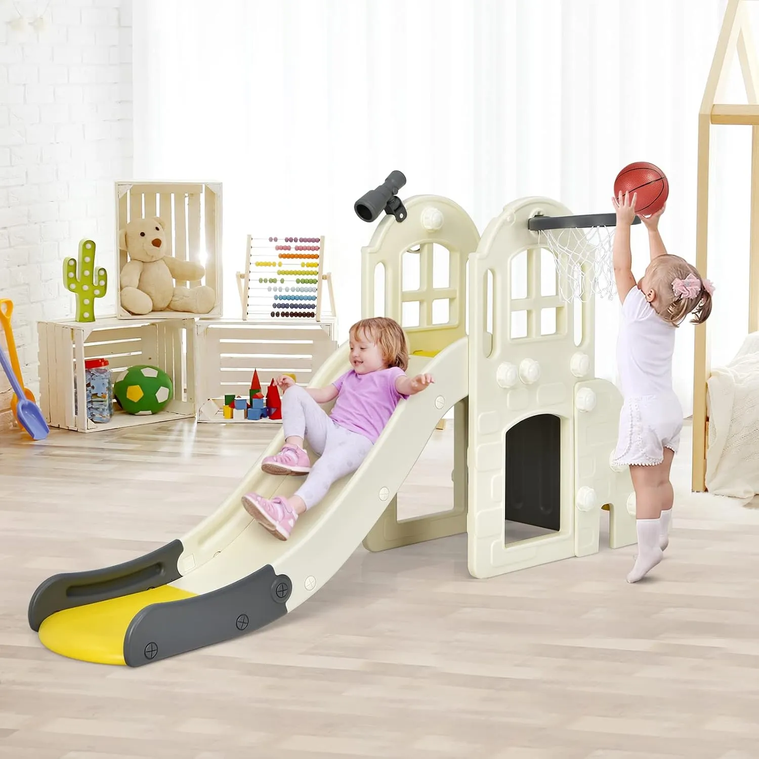 BABY JOY Toddler Large Slide, 6 in 1 Slide for Kids with Basketball Hoop, Ring Toss, 2 in 1 Convertible Climbing Way, Freestanding Kids Slide Climber Set for Indoors Outdoor Boys Girls Gifts Present