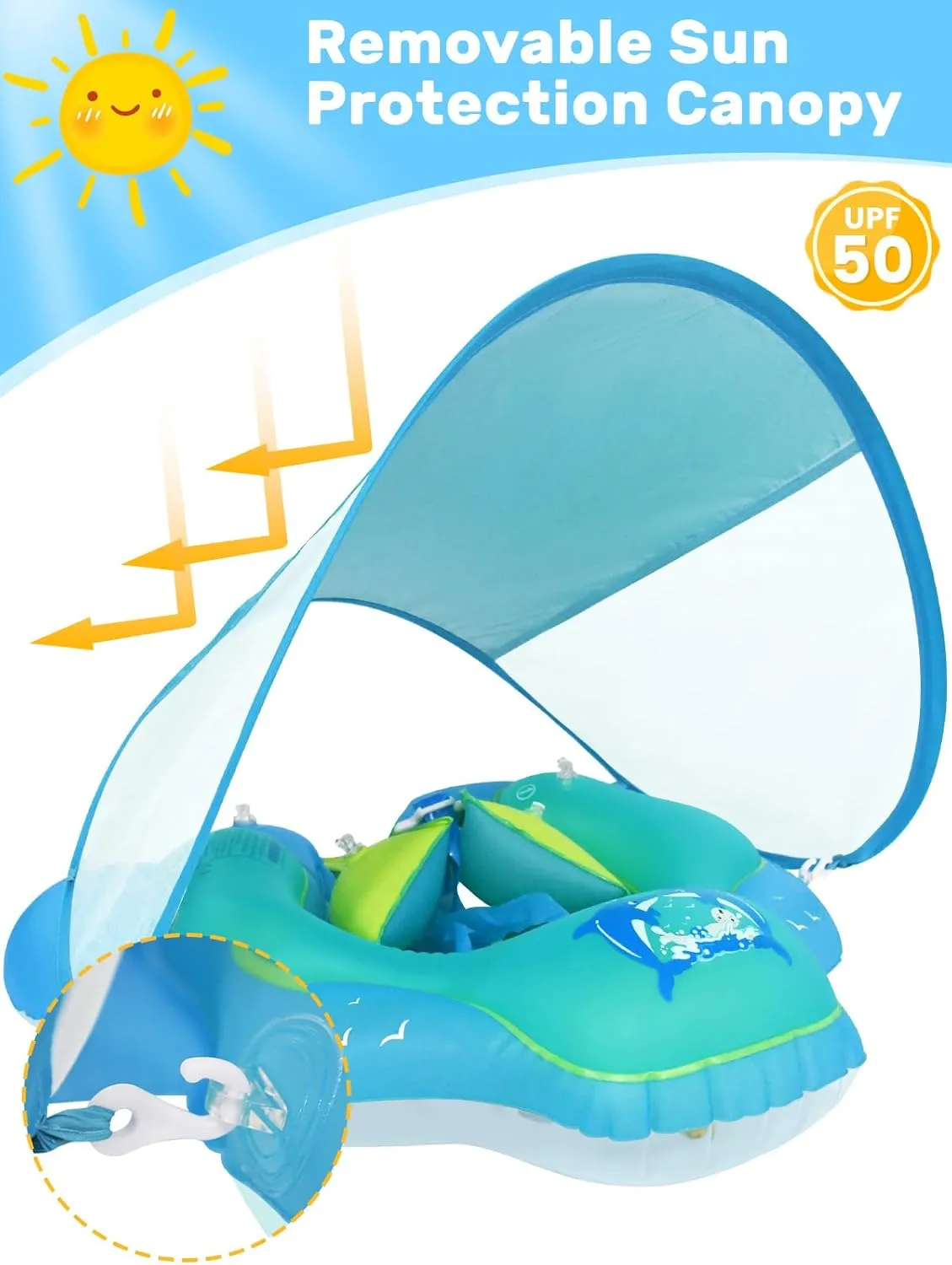 Baby Pool Float, Meegoo Baby Swim Float with Removable Canopy and UPF50  Protection, Infant Inflatable Pool Float for Babies Age of 3-36 Months,Swimming Trainer
