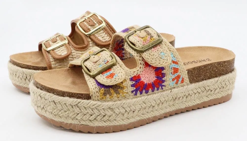 BAMBOO Women Round Toe Double Buckle Strap Slip-On Platform Sandal Embroidered Platform Sandals