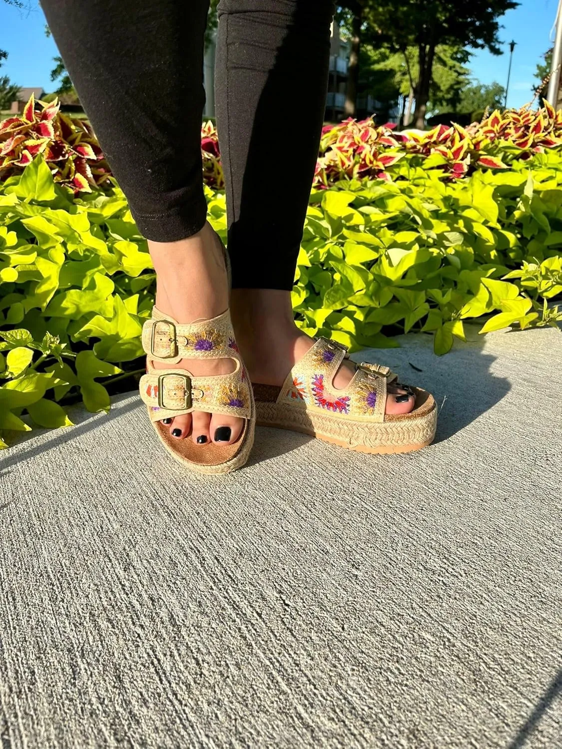 BAMBOO Women Round Toe Double Buckle Strap Slip-On Platform Sandal Embroidered Platform Sandals