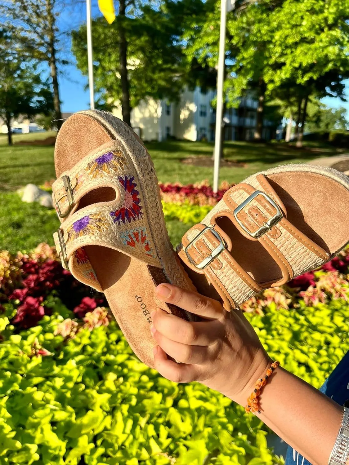BAMBOO Women Round Toe Double Buckle Strap Slip-On Platform Sandal Embroidered Platform Sandals