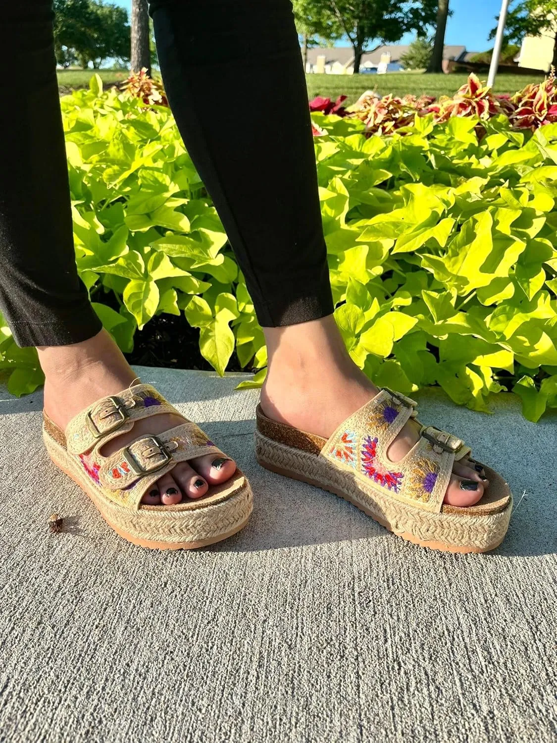 BAMBOO Women Round Toe Double Buckle Strap Slip-On Platform Sandal Embroidered Platform Sandals