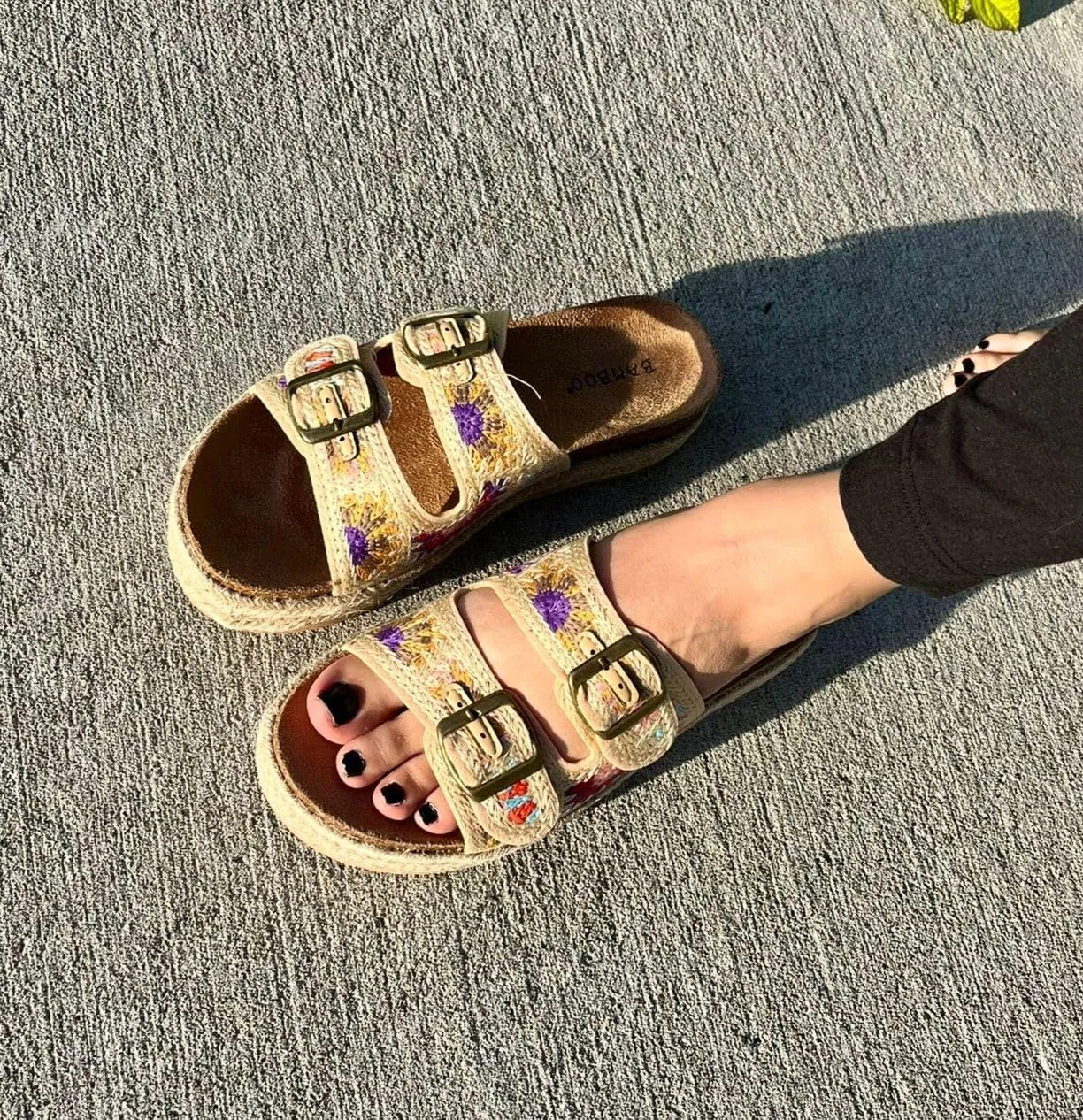 BAMBOO Women Round Toe Double Buckle Strap Slip-On Platform Sandal Embroidered Platform Sandals