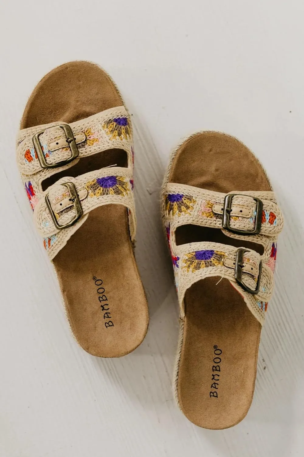 BAMBOO Women Round Toe Double Buckle Strap Slip-On Platform Sandal Embroidered Platform Sandals