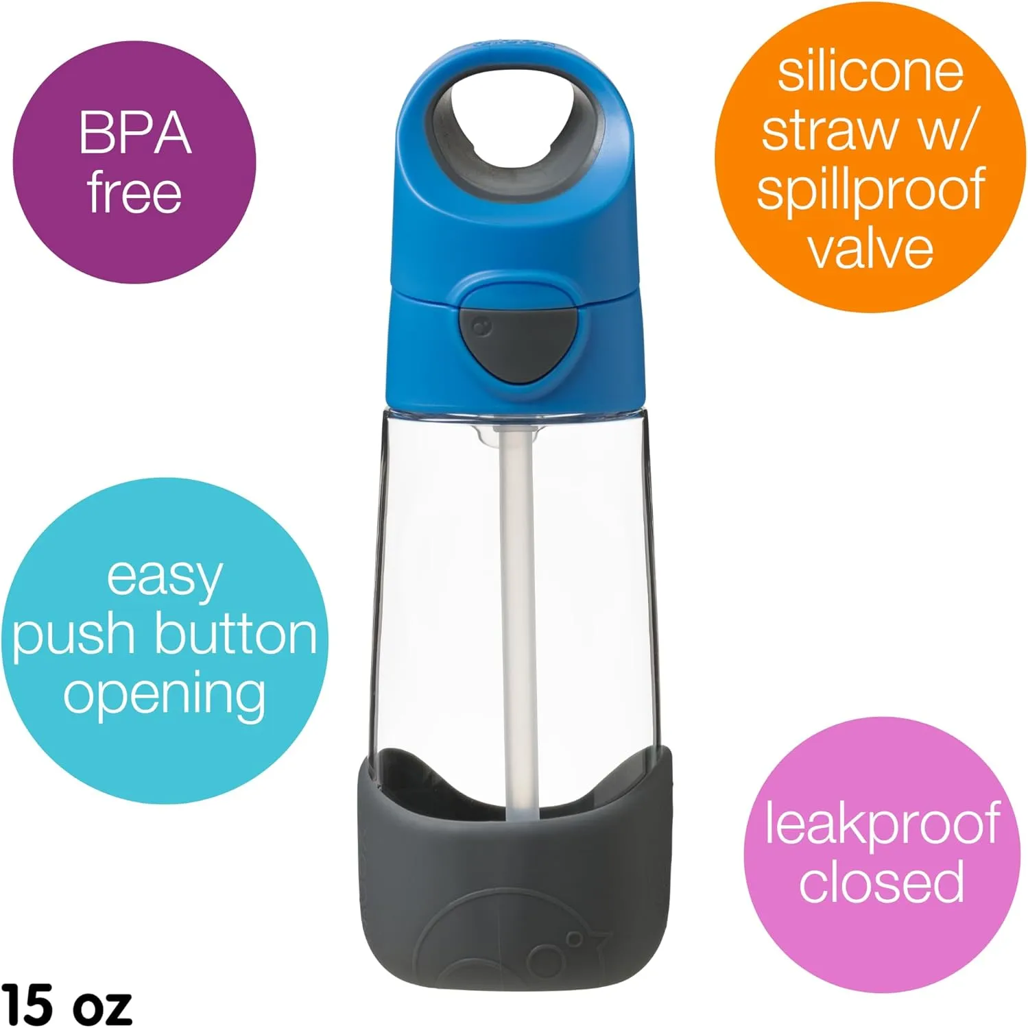 b.box 15 oz Tritan Drink Bottle: Kids Water Bottle w/Straw & Lid for School, Travel, Daycare. Spill & Leak Proof. Easy Grip Triangle Shape. BPA Free, Dishwasher Safe.