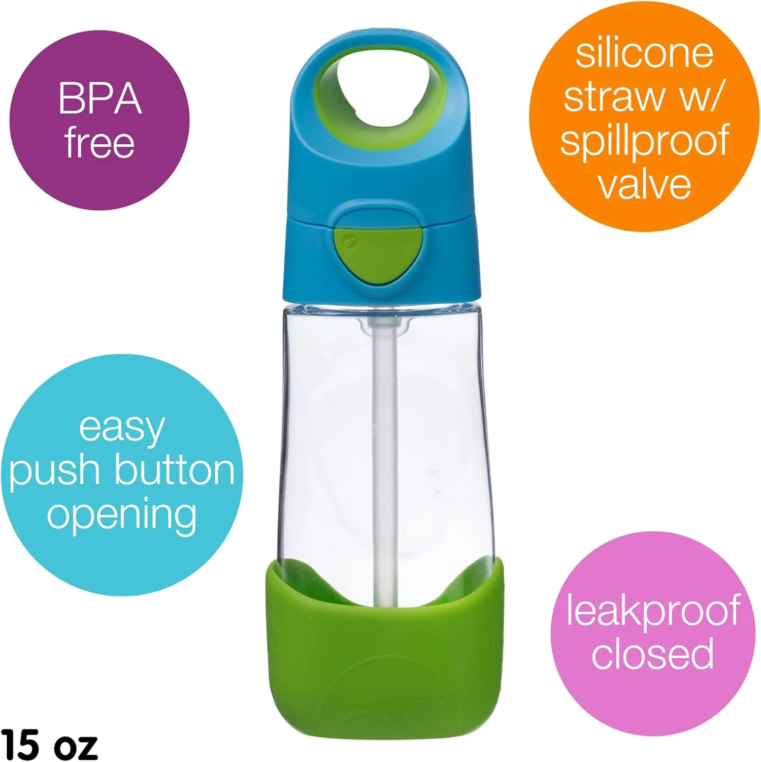 b.box 15oz Tritan Drink Bottle: Modern Water Bottle with Flip Straw for Toddlers & Kids. Spill Proof, Leak Proof, BPA Free. Great for School/Daycare or Next Step after Sippy Cups (Ocean Breeze)