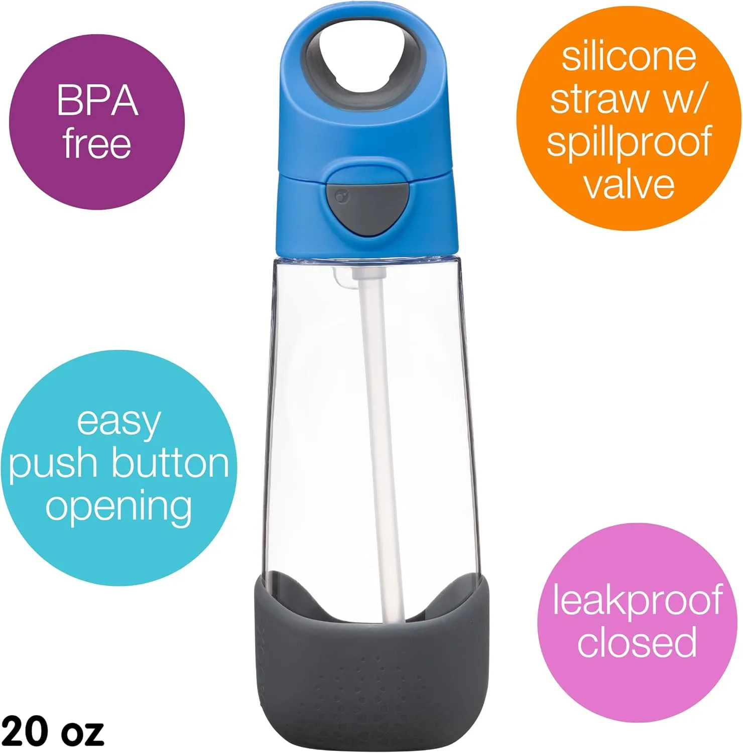 b.box 20 oz Tritan Drink Bottle: Kids Water Bottle w/Straw & Lid for School, Travel, Daycare. Spill & Leak Proof. Easy Grip Triangle Shape. BPA Free, Dishwasher Safe.