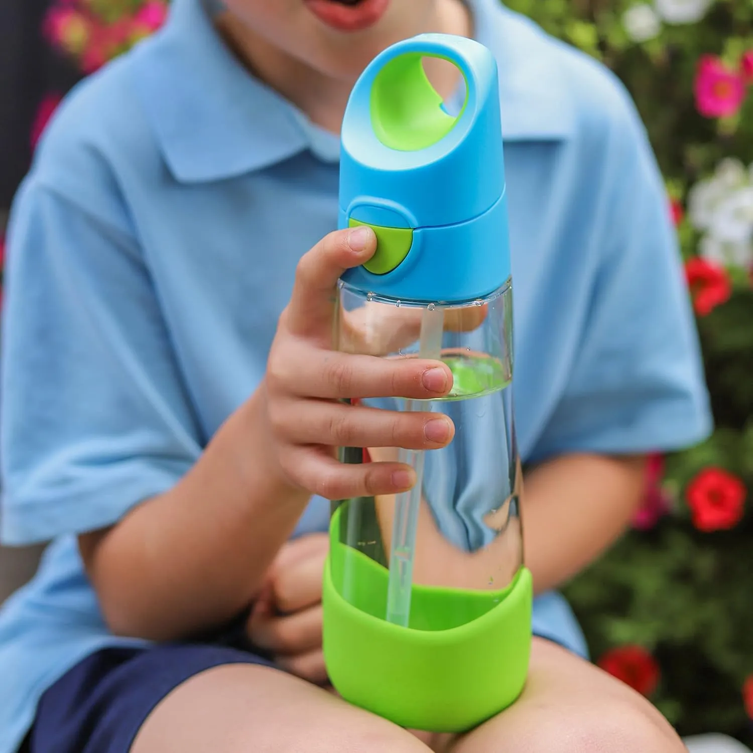 b.box 20 oz Tritan Drink Bottle: Kids Water Bottle w/Straw & Lid for School, Travel, Daycare. Spill & Leak Proof. Easy Grip Triangle Shape. BPA Free, Dishwasher Safe.