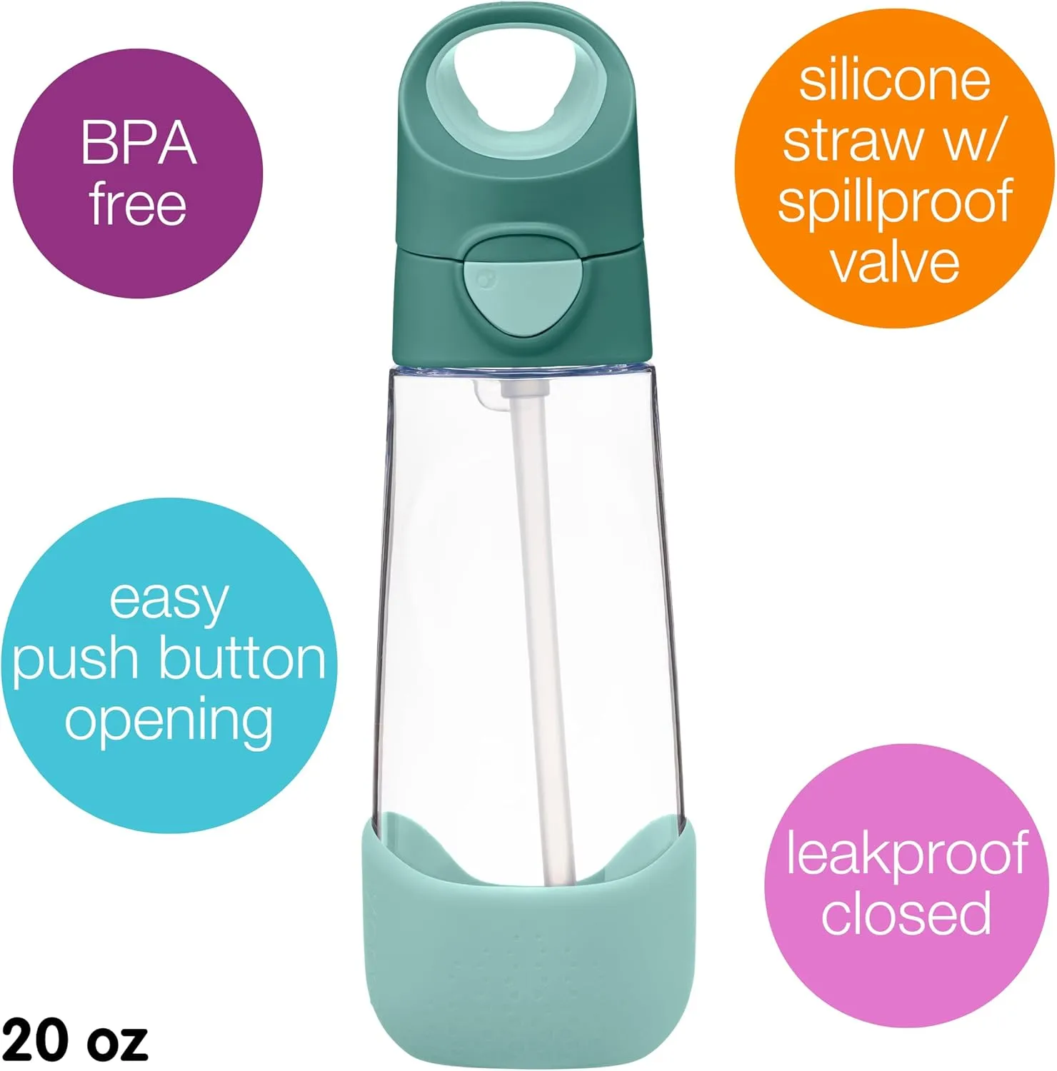 b.box 20 oz Tritan Drink Bottle: Kids Water Bottle w/Straw & Lid for School, Travel, Daycare. Spill & Leak Proof. Easy Grip Triangle Shape. BPA Free, Dishwasher Safe.
