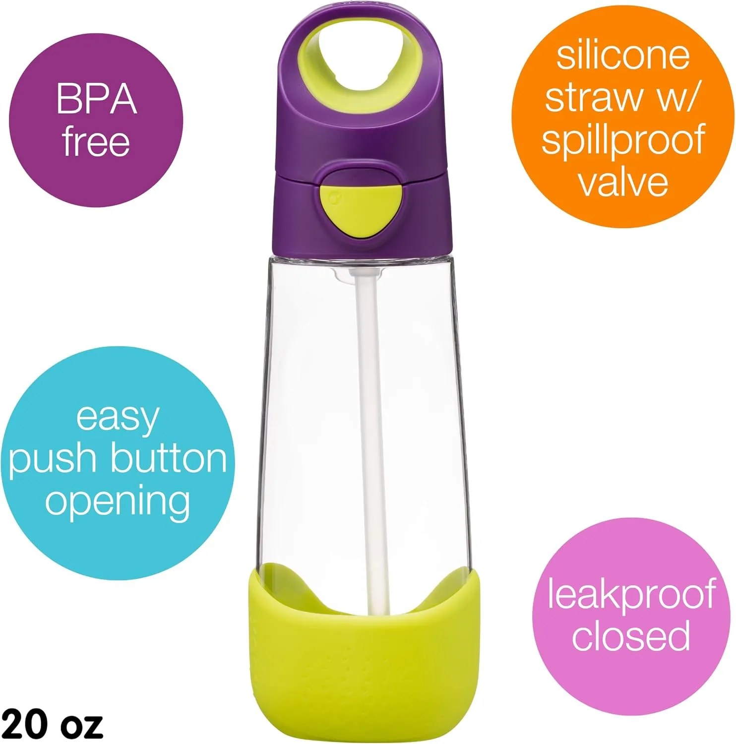 b.box 20 oz Tritan Drink Bottle: Kids Water Bottle w/Straw & Lid for School, Travel, Daycare. Spill & Leak Proof. Easy Grip Triangle Shape. BPA Free, Dishwasher Safe.