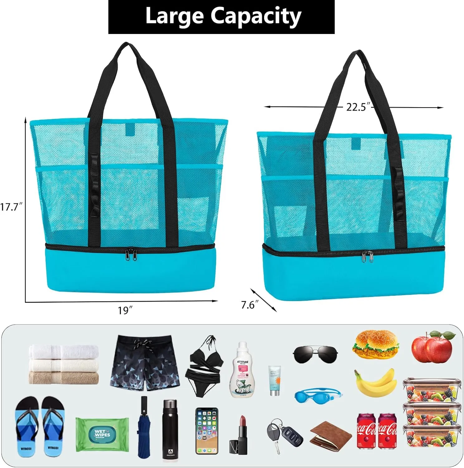 Beach Bag with Cooler,Mesh Beach Bags for Women Sandproof for Pool and Swimming Travel Daily with Durable 8 Pocket