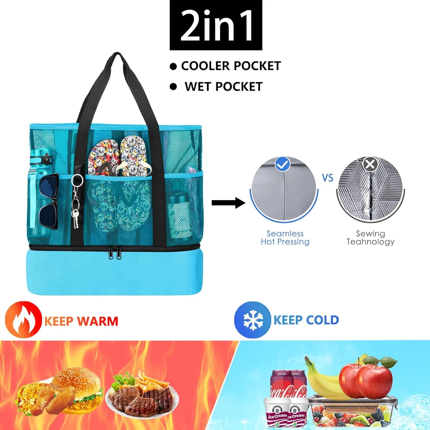 Beach Bag with Cooler,Mesh Beach Bags for Women Sandproof for Pool and Swimming Travel Daily with Durable 8 Pocket