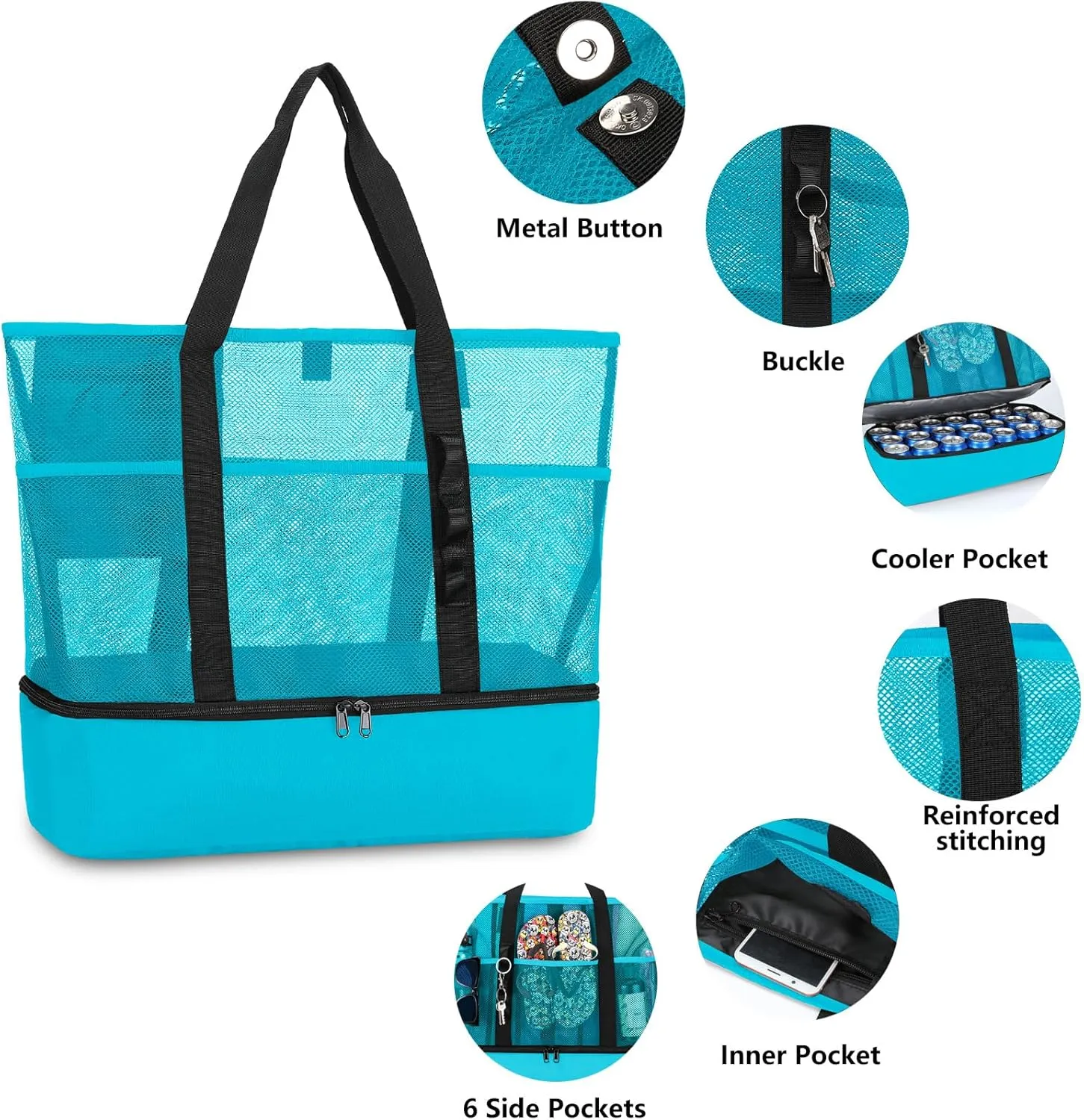 Beach Bag with Cooler,Mesh Beach Bags for Women Sandproof for Pool and Swimming Travel Daily with Durable 8 Pocket