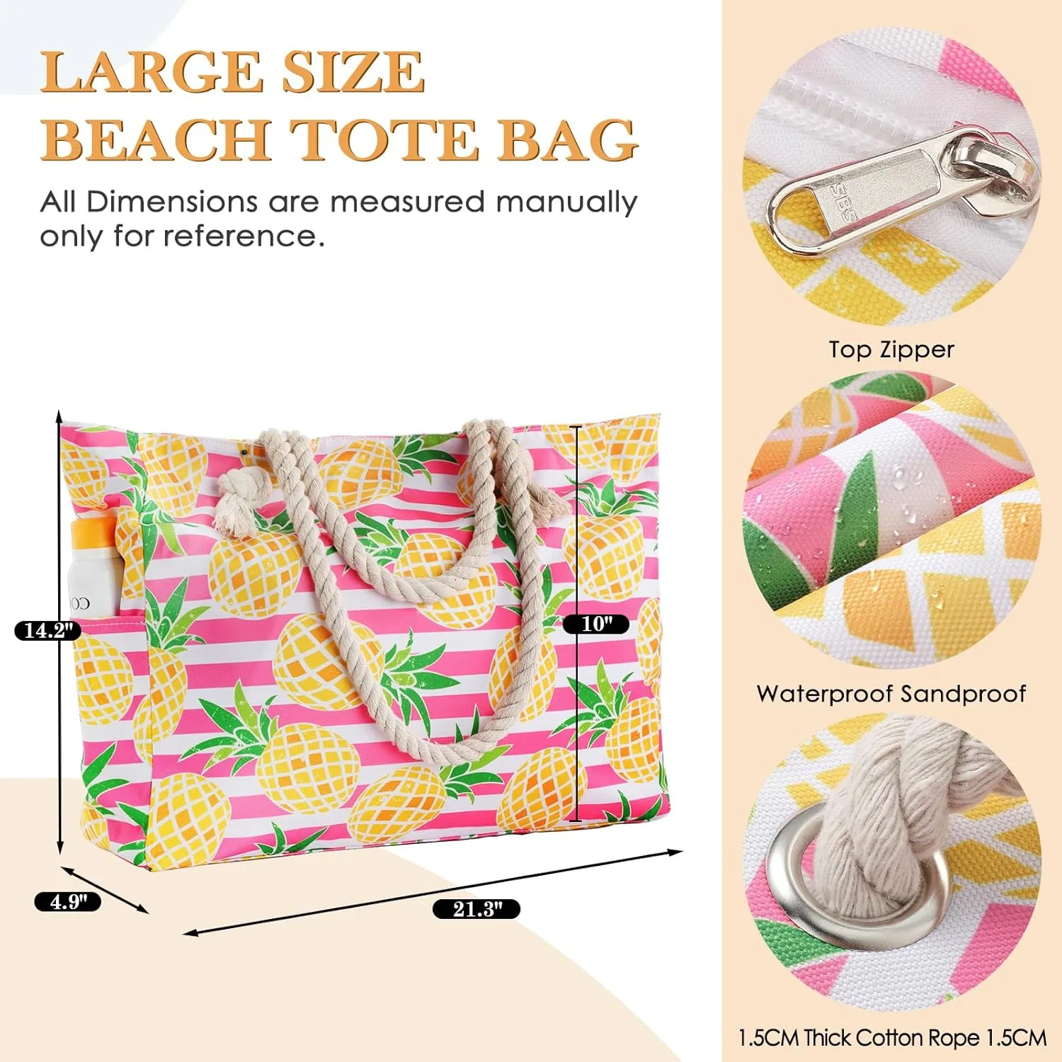 Beach Bags For Women - Large Beach Bags with Zipper Waterproof Sandproof Swim Pool Beach Bag