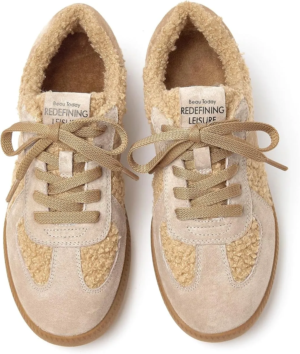 BEAU TODAY Sneaker Boots for Women,Fur Lined Winter Shoes for Women,Comfortable Platform Leather Retro OG Sneakers,Slip-on Tennis Runnig Trainer Shoes