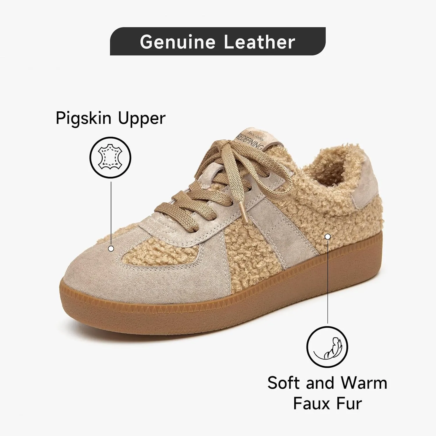 BEAU TODAY Sneaker Boots for Women,Fur Lined Winter Shoes for Women,Comfortable Platform Leather Retro OG Sneakers,Slip-on Tennis Runnig Trainer Shoes