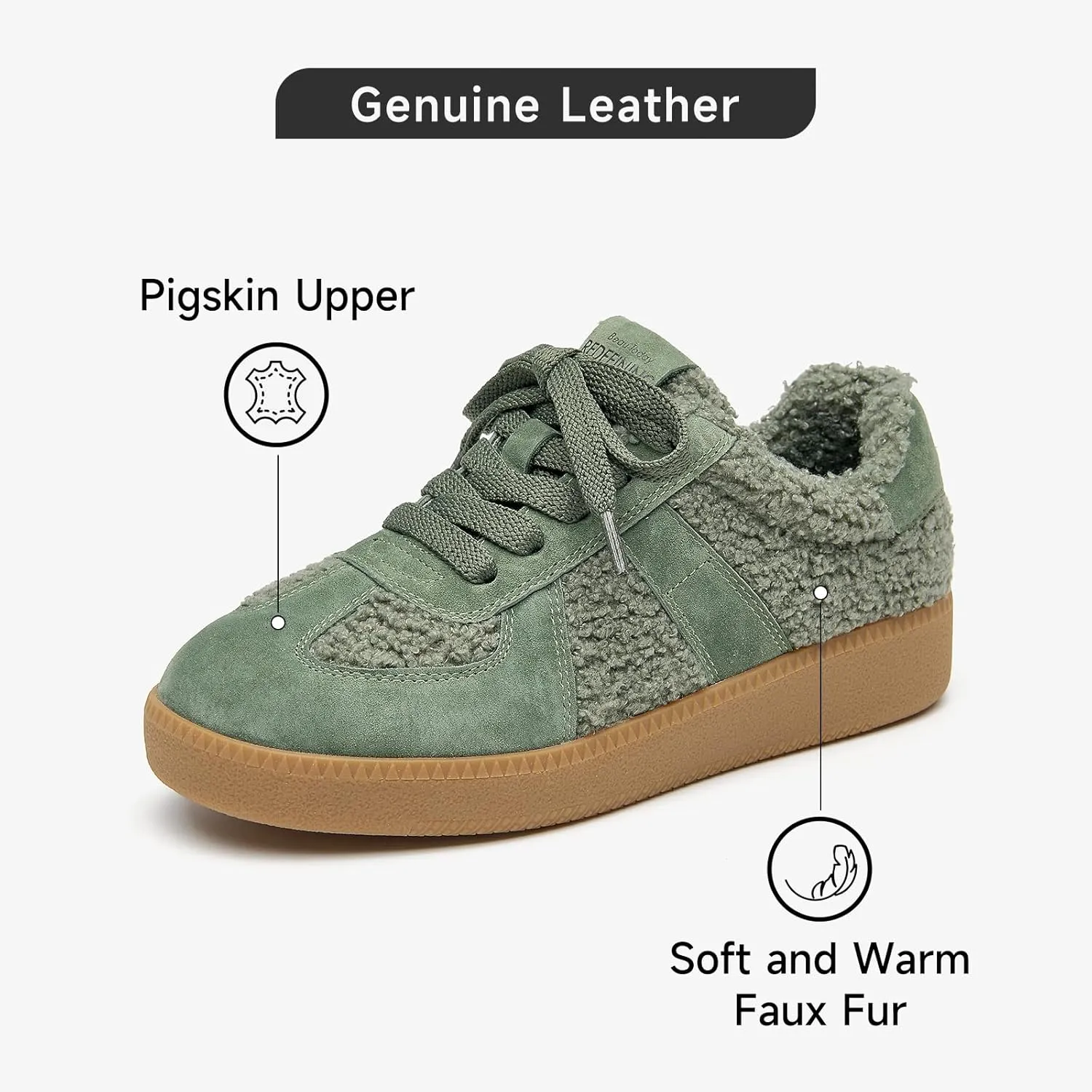 BEAU TODAY Sneaker Boots for Women,Fur Lined Winter Shoes for Women,Comfortable Platform Leather Retro OG Sneakers,Slip-on Tennis Runnig Trainer Shoes