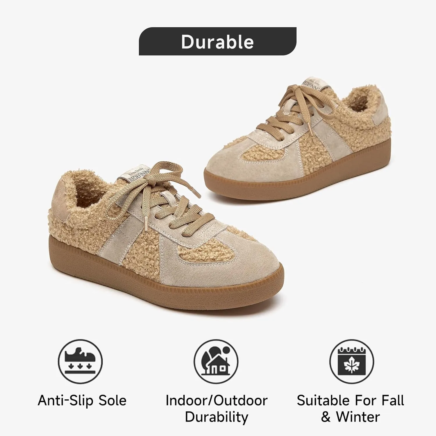 BEAU TODAY Sneaker Boots for Women,Fur Lined Winter Shoes for Women,Comfortable Platform Leather Retro OG Sneakers,Slip-on Tennis Runnig Trainer Shoes