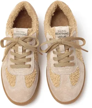 BEAU TODAY Sneaker Boots for Women,Fur Lined Winter Shoes for Women,Comfortable Platform Leather Retro OG Sneakers,Slip-on Tennis Runnig Trainer Shoes