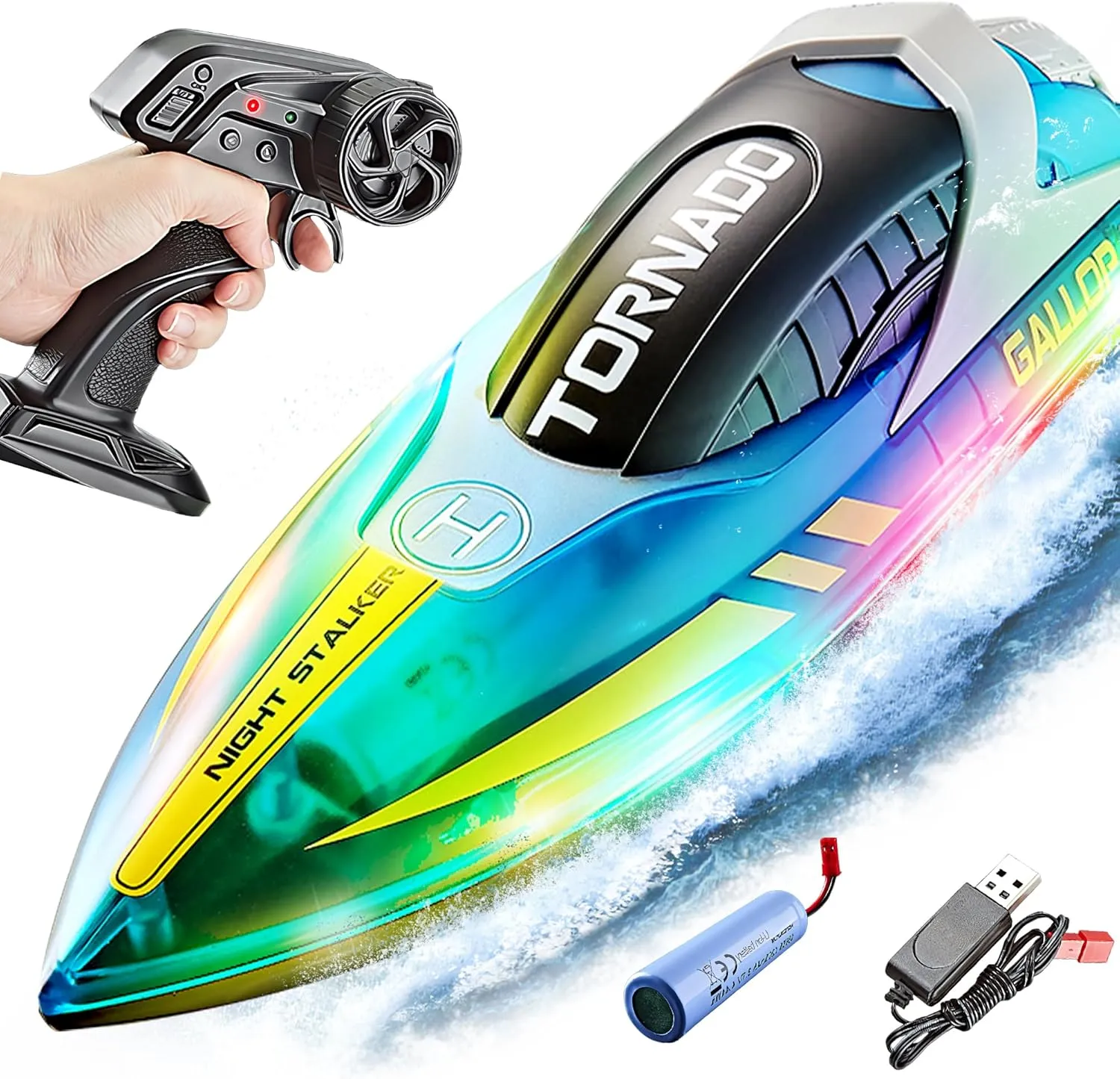 BEZGAR RC Boat | Pool Toys for Kids Ages 8-12, Remote Control Boat for Pool, Water Toys for Kids Ages 8-12, Radio Controlled Boats with Transparent Shell and Four-Color LED Light (Blue)