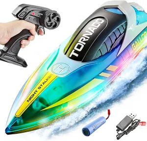 BEZGAR RC Boat | Pool Toys for Kids Ages 8-12, Remote Control Boat for Pool, Water Toys for Kids Ages 8-12, Radio Controlled Boats with Transparent Shell and Four-Color LED Light (Blue)
