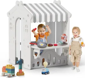 BIERUM Kids Playhouse with Cute Kids Pretend Play Kitchen Toys Set, Outdoor Playhouse for Toddlers Aged 1-3, with Windows, Door Curtains and Foldable Stand and Play Platform Gray