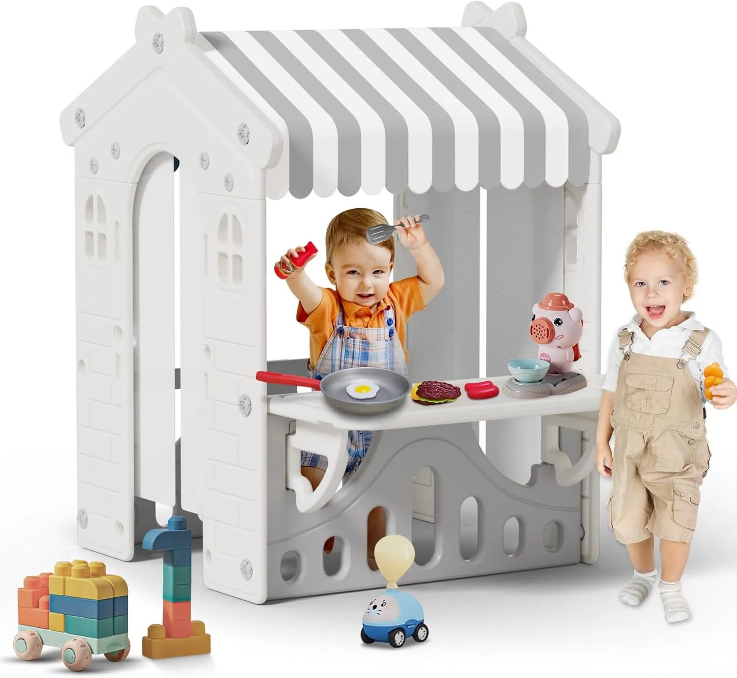 BIERUM Kids Playhouse with Cute Kids Pretend Play Kitchen Toys Set, Outdoor Playhouse for Toddlers Aged 1-3, with Windows, Door Curtains and Foldable Stand and Play Platform Gray