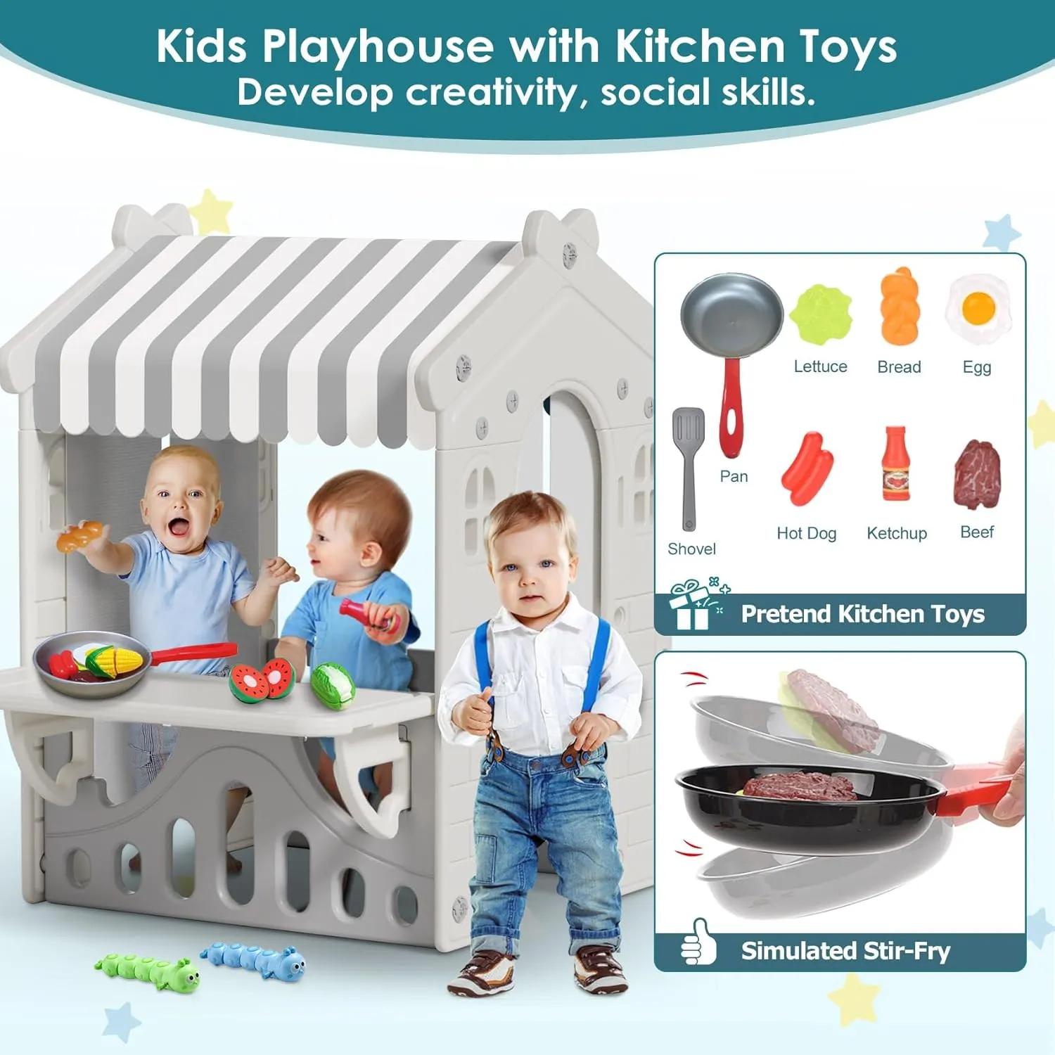 BIERUM Kids Playhouse with Cute Kids Pretend Play Kitchen Toys Set, Outdoor Playhouse for Toddlers Aged 1-3, with Windows, Door Curtains and Foldable Stand and Play Platform Gray
