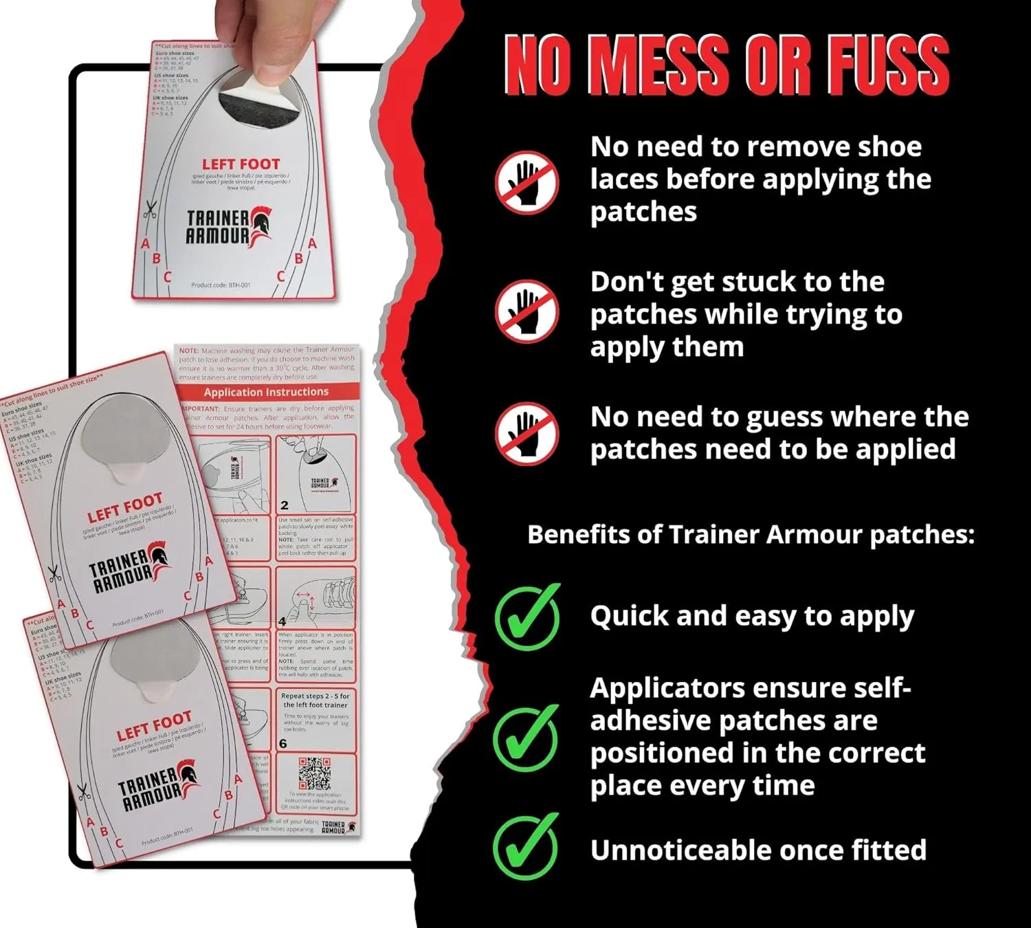 Big Toe Hole Preventer, self-Adhesive Patches with a Clever applicator - Shoe Toe Burst Toe Box Blowout Prevention Insert - Toe Hole Area Repair Patch - For Running Shoes and Sneakers