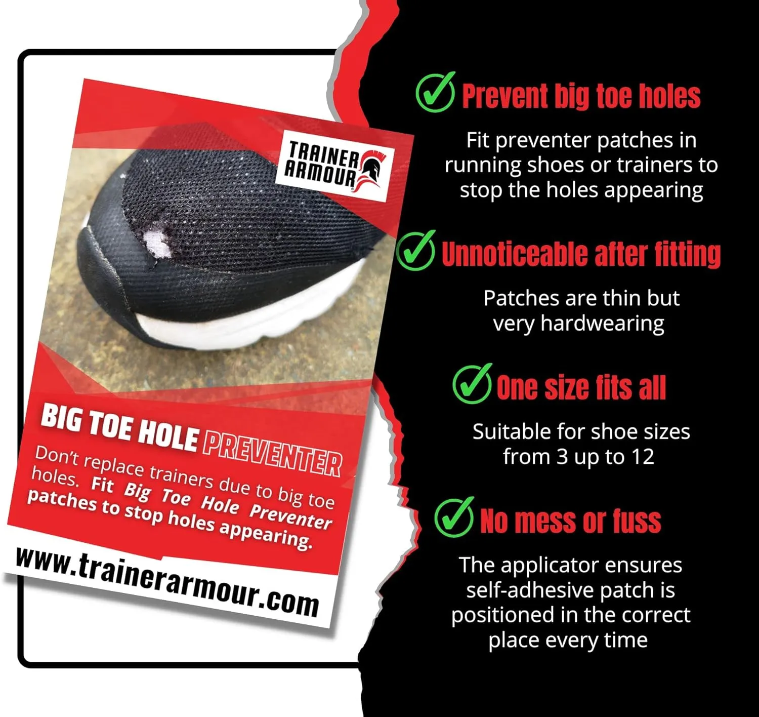 Big Toe Hole Preventer, self-Adhesive Patches with a Clever applicator - Shoe Toe Burst Toe Box Blowout Prevention Insert - Toe Hole Area Repair Patch - For Running Shoes and Sneakers