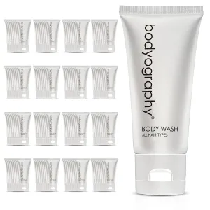 Bodyography blanc- Bulk Body Wash | 50 Count, 1.4oz | Vanilla White Tea, Mini Travel Size Toiletries (100% Recyclable Tube with Flip Top Cap) Hotel Amenities.