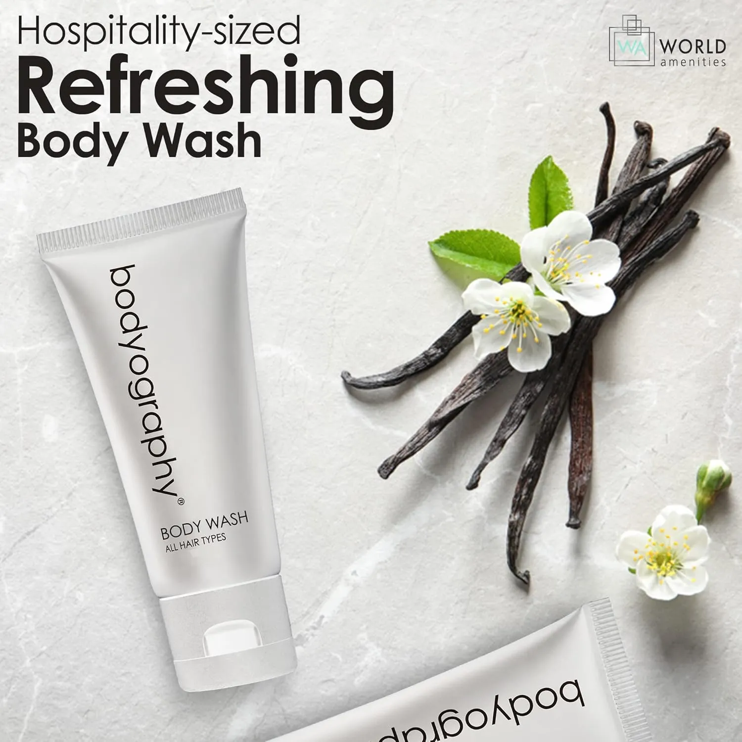 Bodyography blanc- Bulk Body Wash | 50 Count, 1.4oz | Vanilla White Tea, Mini Travel Size Toiletries (100% Recyclable Tube with Flip Top Cap) Hotel Amenities.