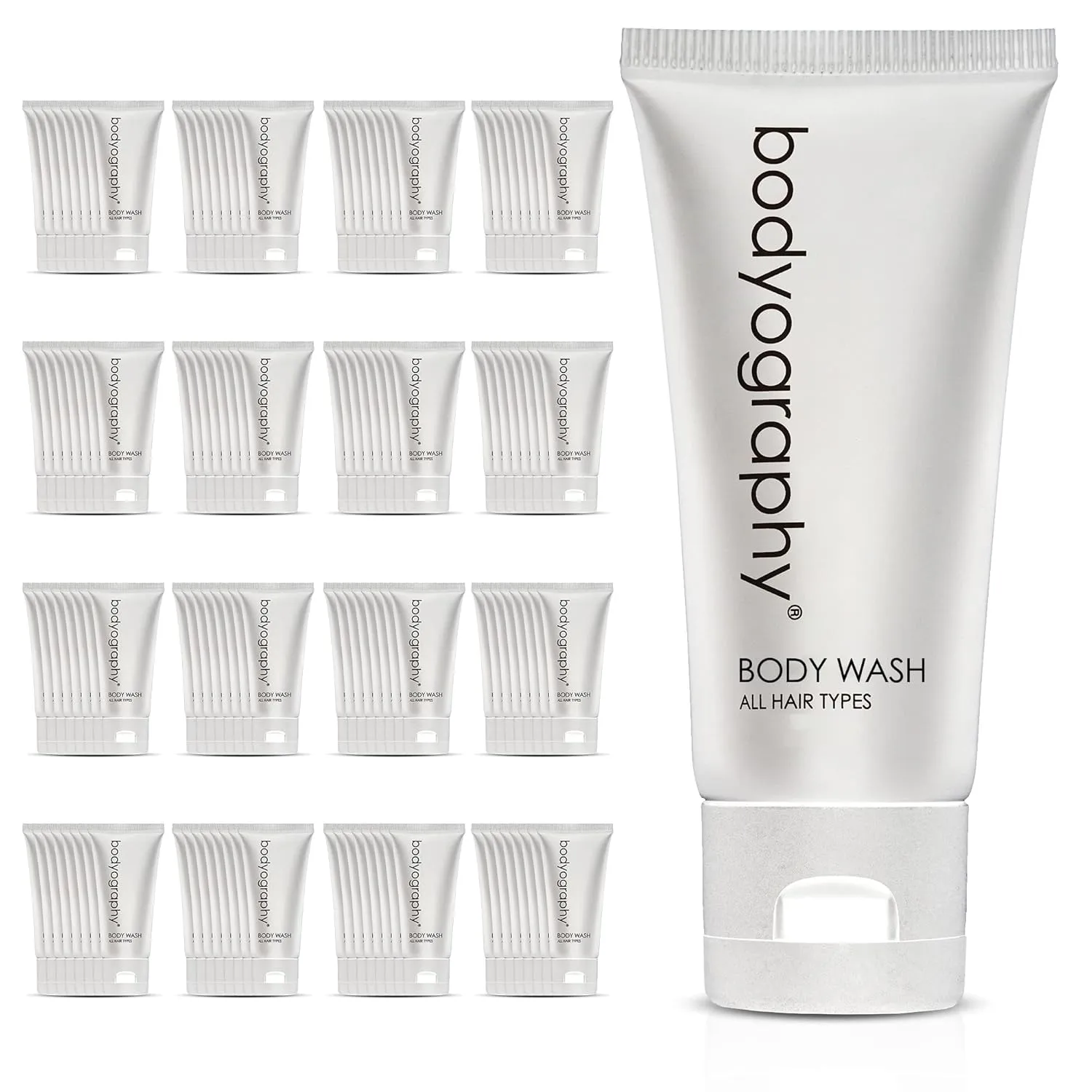 Bodyography blanc- Bulk Body Wash | 50 Count, 1.4oz | Vanilla White Tea, Mini Travel Size Toiletries (100% Recyclable Tube with Flip Top Cap) Hotel Amenities.