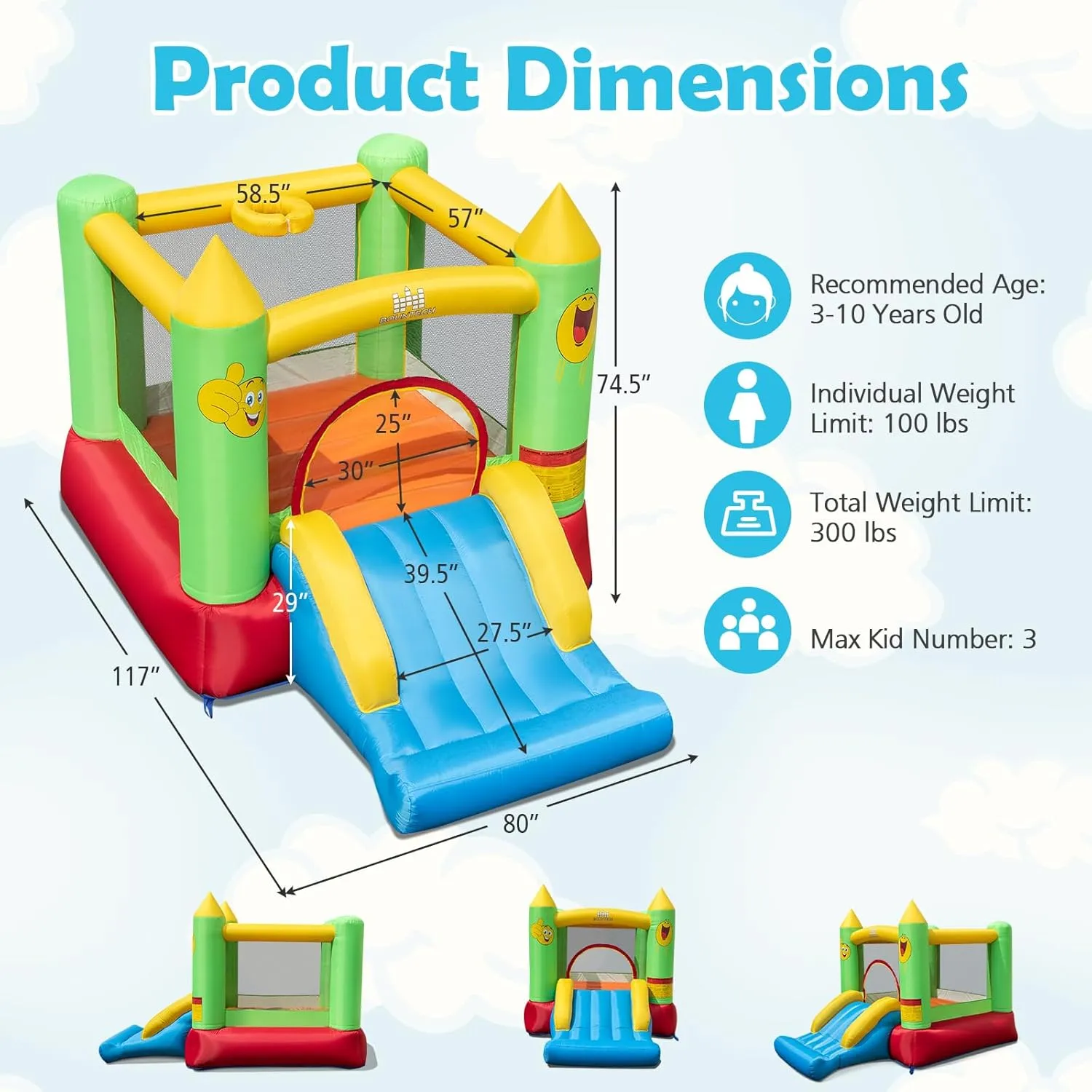 BOUNTECH Inflatable Bounce House, Bouncy House Castle for Kids Indoor Outdoor with Heavy Duty Jumping Area, Slide, 480W Blower, Mini Bounce House for Toddler Boys Girls Birthday Backyard Party Gifts