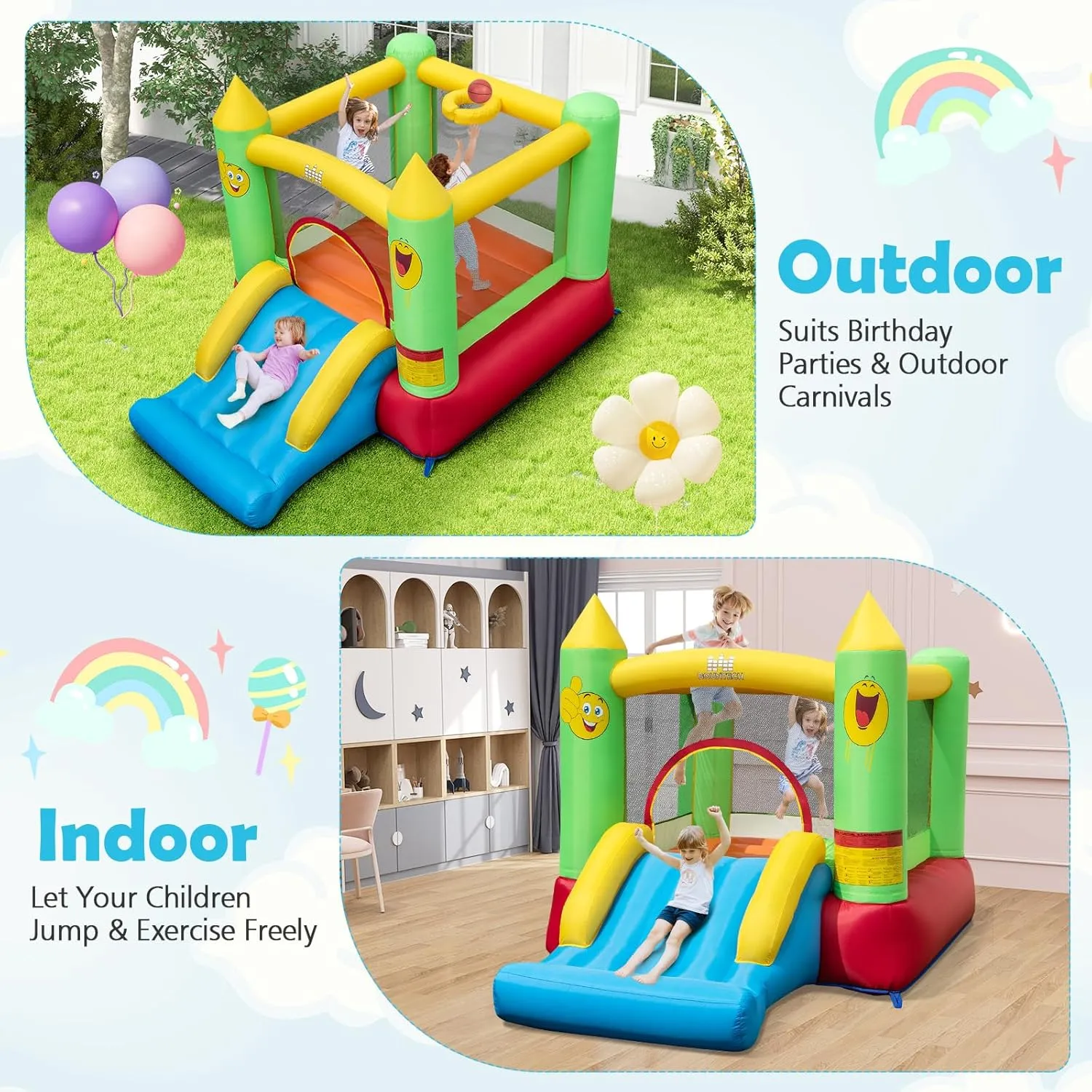 BOUNTECH Inflatable Bounce House, Bouncy House Castle for Kids Indoor Outdoor with Heavy Duty Jumping Area, Slide, 480W Blower, Mini Bounce House for Toddler Boys Girls Birthday Backyard Party Gifts