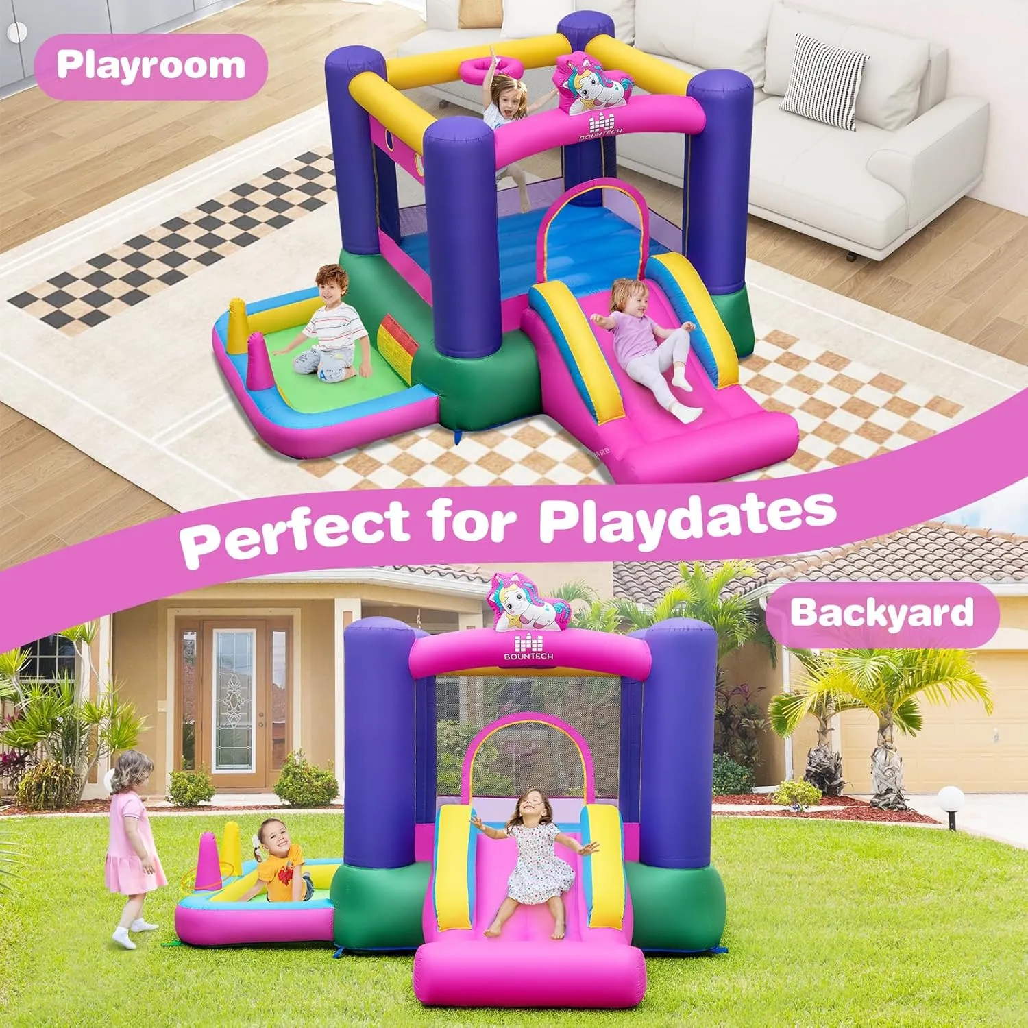 BOUNTECH Inflatable Bounce House with Ball Pit, Bouncy House for Kids Indoor Outdoor w/Large Jumping Area, Basketball Hoop, 480w Blower, Mini Bounce House for Boys Girls Backyard Birthday Party Gifts
