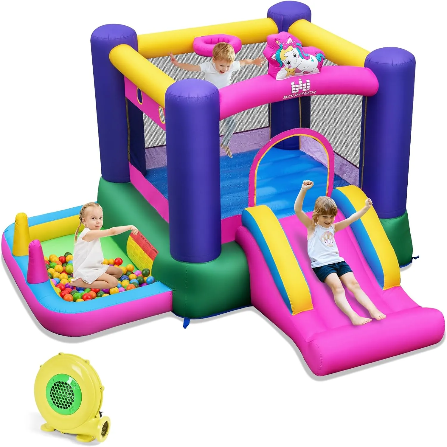 BOUNTECH Inflatable Bounce House with Ball Pit, Bouncy House for Kids Indoor Outdoor w/Large Jumping Area, Basketball Hoop, 480w Blower, Mini Bounce House for Boys Girls Backyard Birthday Party Gifts
