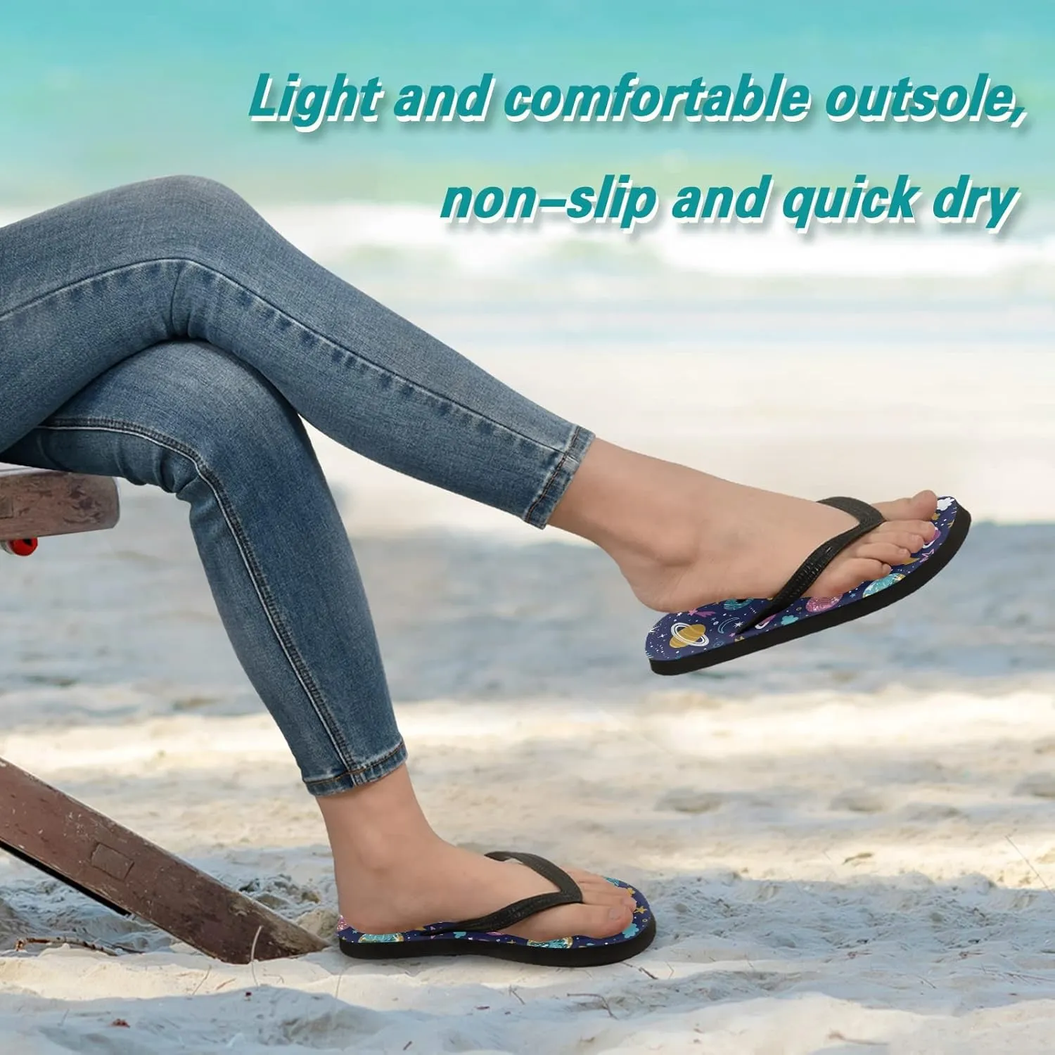 Bright Planets and Stars Cute Cosmic Elements Womens Flip Flops Galaxy Stars Universe Milky Way Summer Beach Sandals Casual Thong Slippers Comfortable Shower Slippers Non Slip Water Sandals shoes S
